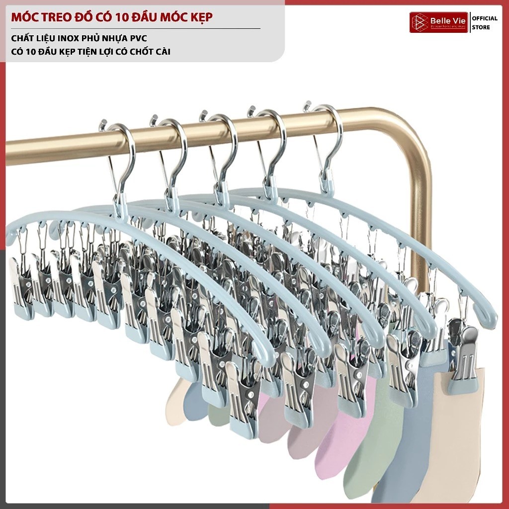 Móc Phơi Quần Áo Có 10 Móc Kẹp MQ-02 Móc Treo Quần Áo Có Kẹp Phơi Quần Áo, Tât Vớ, Đồ Lót, Phơi Đồ Cho Bé Phủ Nhựa PVC M