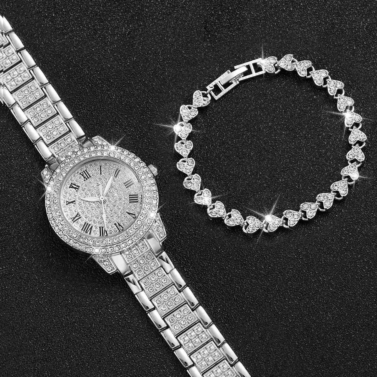2pcs/set Women's Full Diamond Roman Numeral Quartz Watch Gypsophila Steel Watch + Diamond Bracelet Set