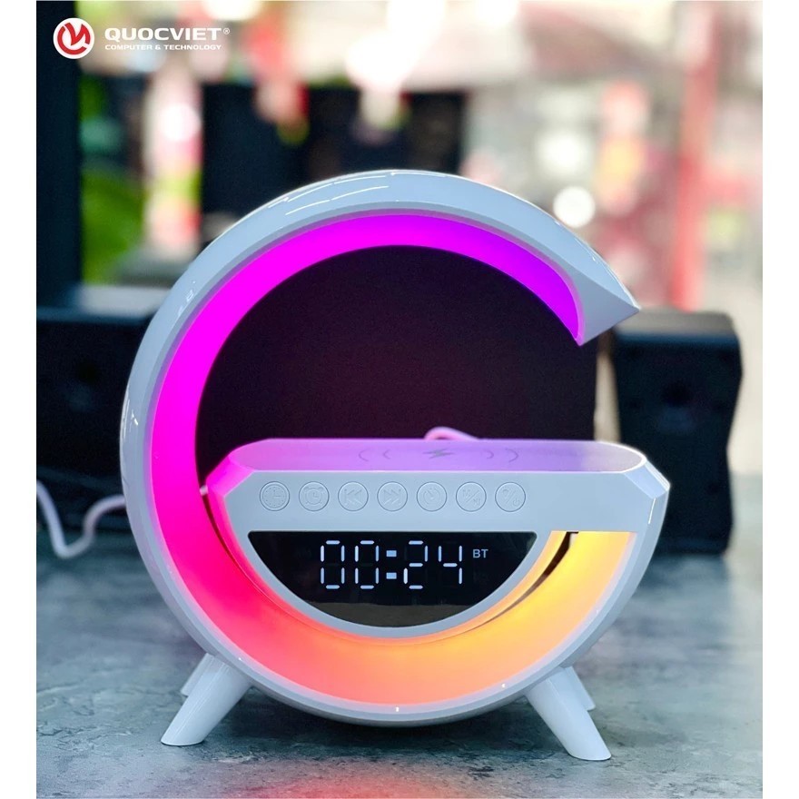 Loa Bluetooth Chữ G Đa Năng, Đen Led RGB Nháy Theo Nhạc, Sạc Nhanh Không Dây, Đồng Hồ Báo Thức Trang Trí Decor