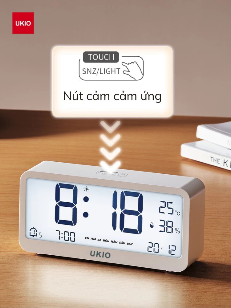 Đồng hồ led để bàn báo thức UKIO màn hình LCD cao cấp đo nhiệt độ và độ ẩm
