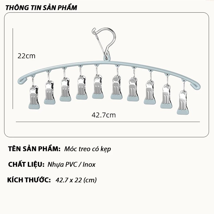 Móc Phơi Quần Áo Có 10 Móc Kẹp MQ-02 Móc Treo Quần Áo Có Kẹp Phơi Quần Áo, Tât Vớ, Đồ Lót, Phơi Đồ Cho Bé Phủ Nhựa PVC M