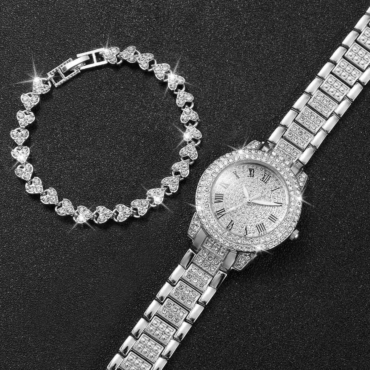 2pcs/set Women's Full Diamond Roman Numeral Quartz Watch Gypsophila Steel Watch + Diamond Bracelet Set