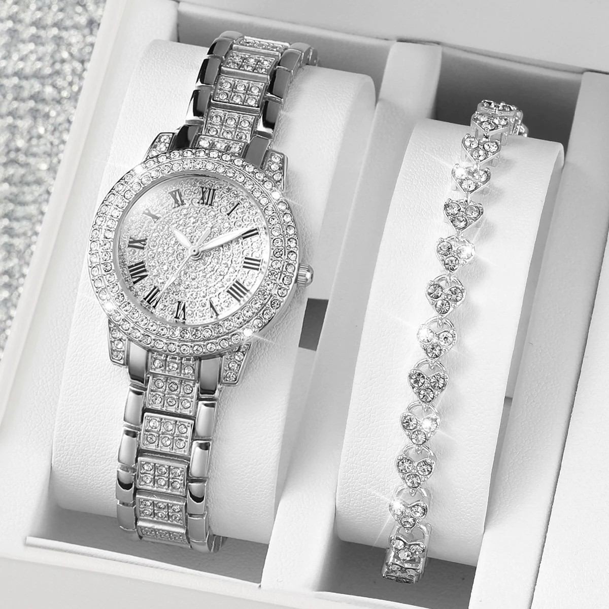 2pcs/set Women's Full Diamond Roman Numeral Quartz Watch Gypsophila Steel Watch + Diamond Bracelet Set