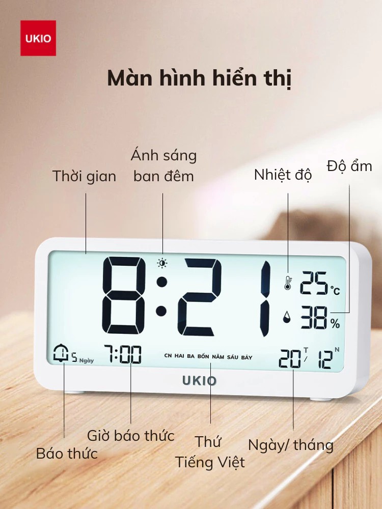 Đồng hồ led để bàn báo thức UKIO màn hình LCD cao cấp đo nhiệt độ và độ ẩm