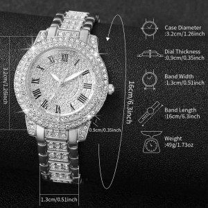 2pcs/set Women's Full Diamond Roman Numeral Quartz Watch Gypsophila Steel Watch + Diamond Bracelet Set