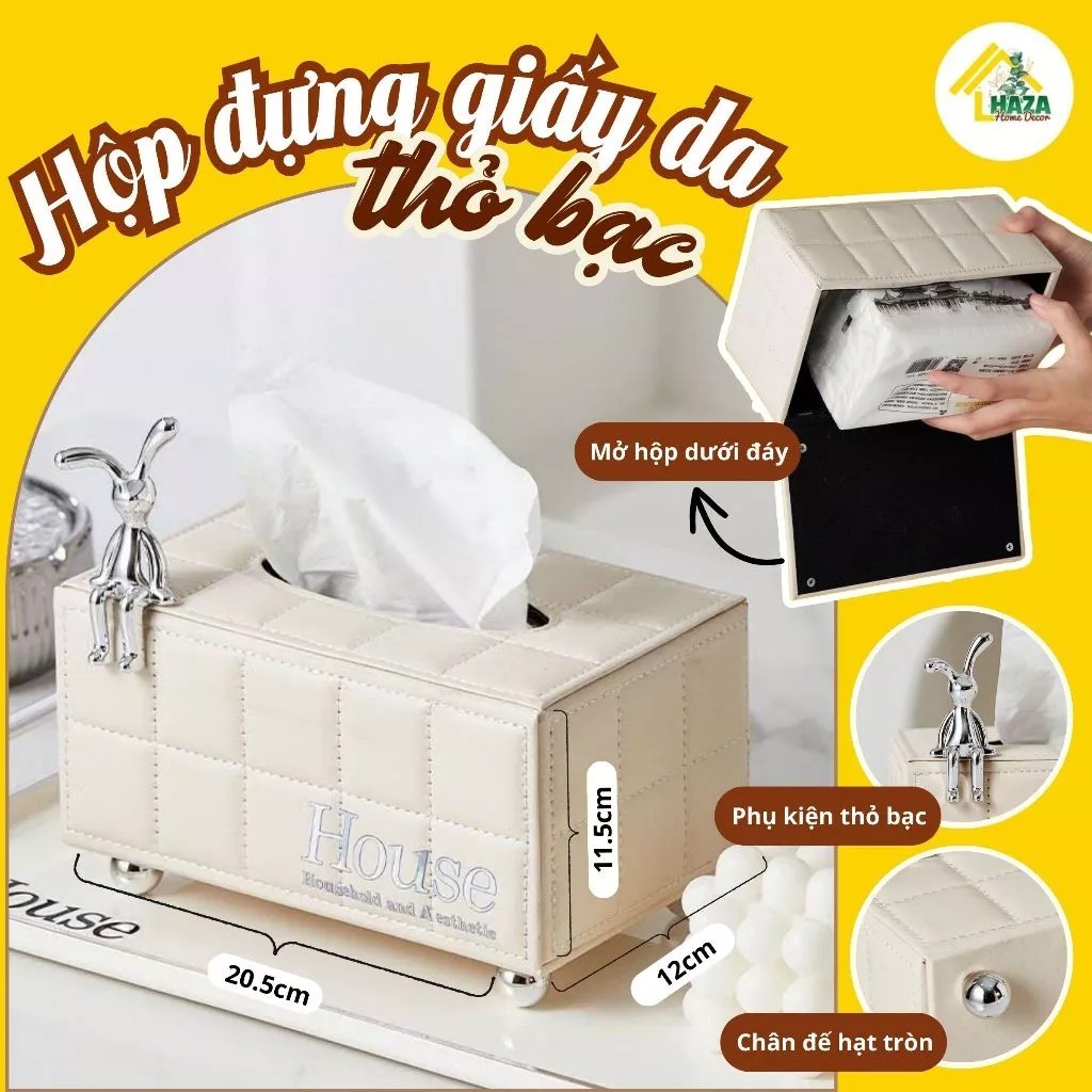 Hộp đựng khăn giấy rút da Thỏ Bạc Để Bàn Phòng khách Gia Dụng Cao Cấp Haza Home Decor
