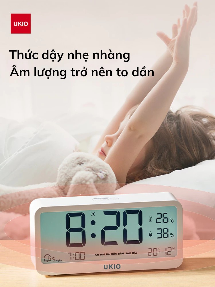 Đồng hồ led để bàn báo thức UKIO màn hình LCD cao cấp đo nhiệt độ và độ ẩm