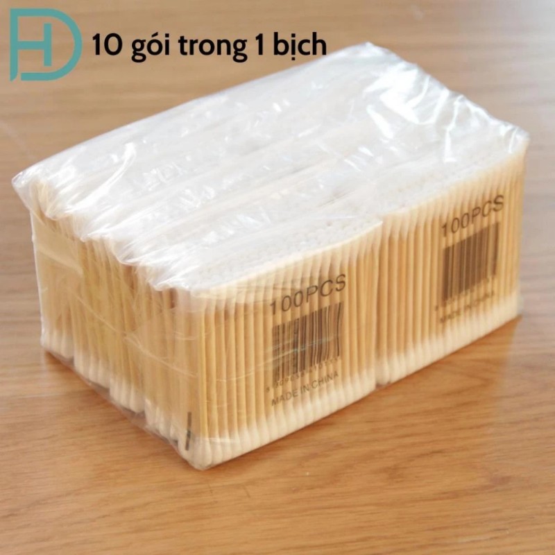 Tăm bông ngoáy tai,100 bông ráy tai thân gỗ khử trùng 2 đầu thân thiện với môi trường