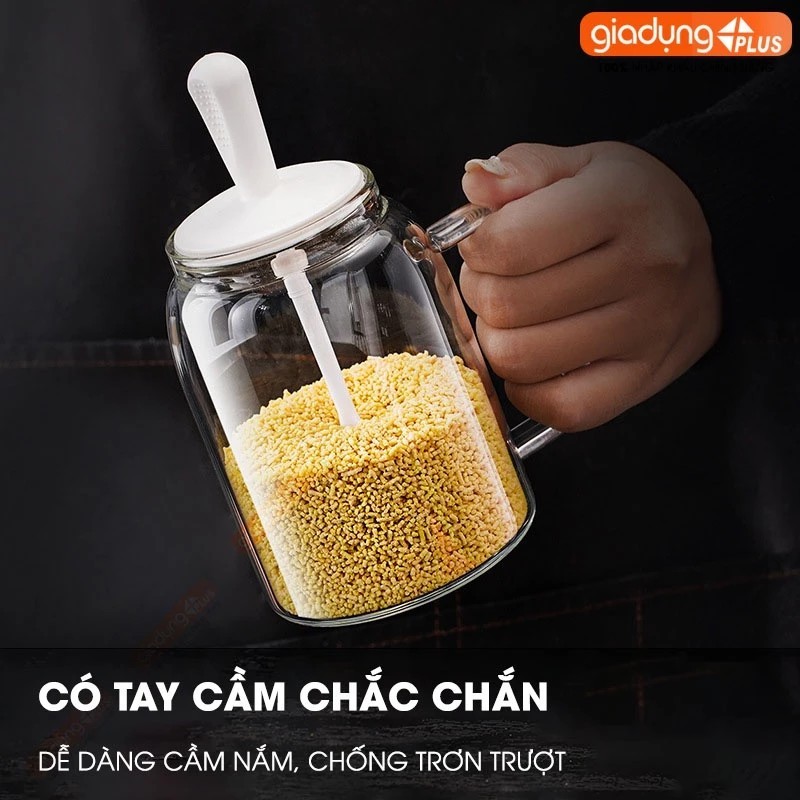 Hủ đựng gia vị muỗng liền nắp thông minh có nắp đậy kín thuỷ tinh borosilicate 380ml, có tay cầm chắc chắn PHALEDO