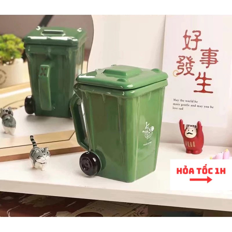 [With lid + spoon and shovel] Trash can shaped ceramic drinking cup
