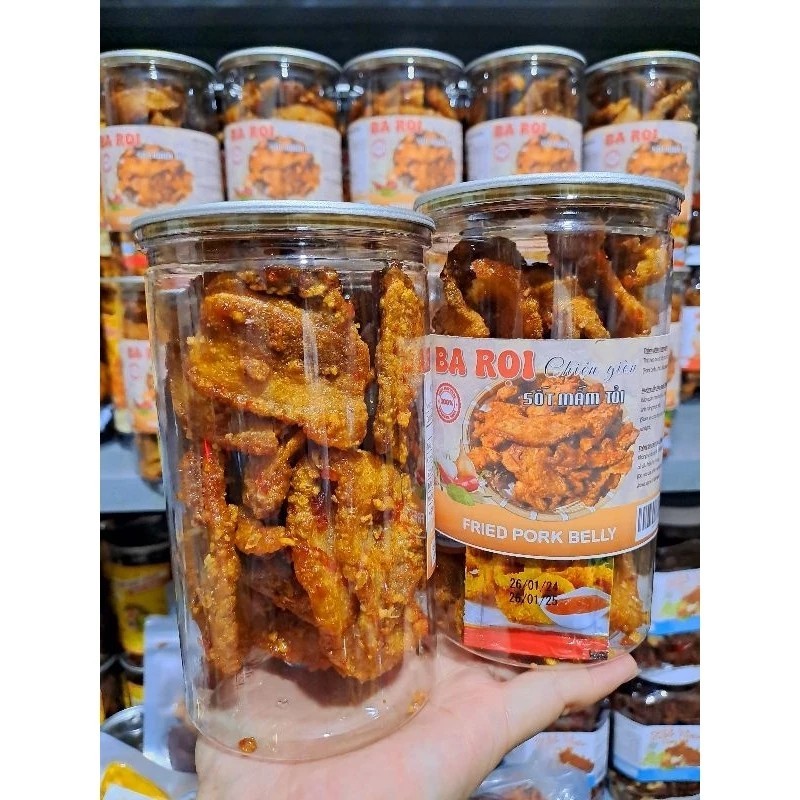 Hộp 500gr ba rọi mắm tỏi sấy giòn cay nguyên miếng, mặn ngọt thơm ngon đậm vị, đồ ăn vặt ngon