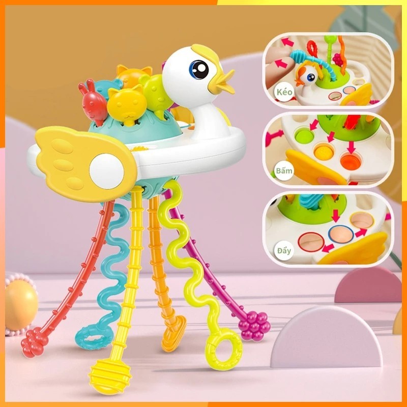 Flying Saucer Shaped Silicone Teething Toy for Babies, Handheld Pull String Toy in the Shape of an Astronaut or Duck for Babies