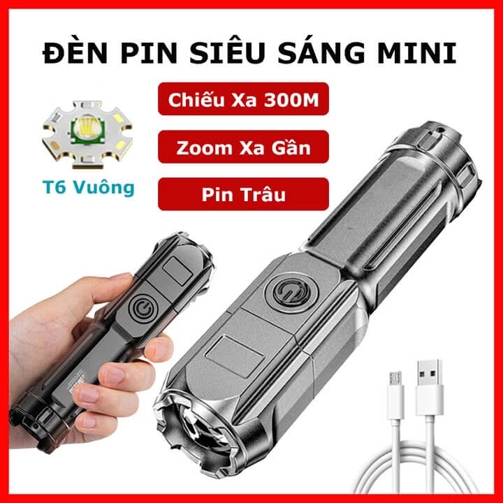 Đèn pin Led mini cầm tay siêu sáng có Zoom xa gần, chiếu xa 300m pin trâu, chống nước IP65, đèn pin sạc cầm tay