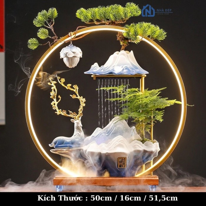 Thác nước phong thủy tượng hươu tài lộc may mắn decor tiểu cảnh nhà cửa trang trí phòng làm việc