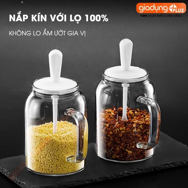 Hủ đựng gia vị muỗng liền nắp thông minh có nắp đậy kín thuỷ tinh borosilicate 380ml, có tay cầm chắc chắn PHALEDO