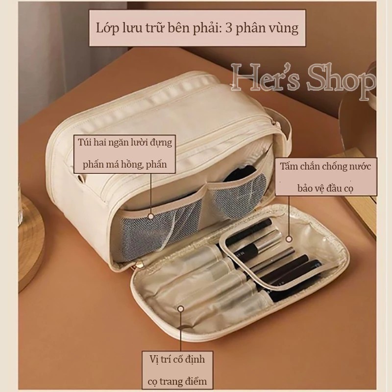 Cosmetic Bag with Additional Compartment for Makeup Brushes for Women - Large Size Travel Cosmetic Bag