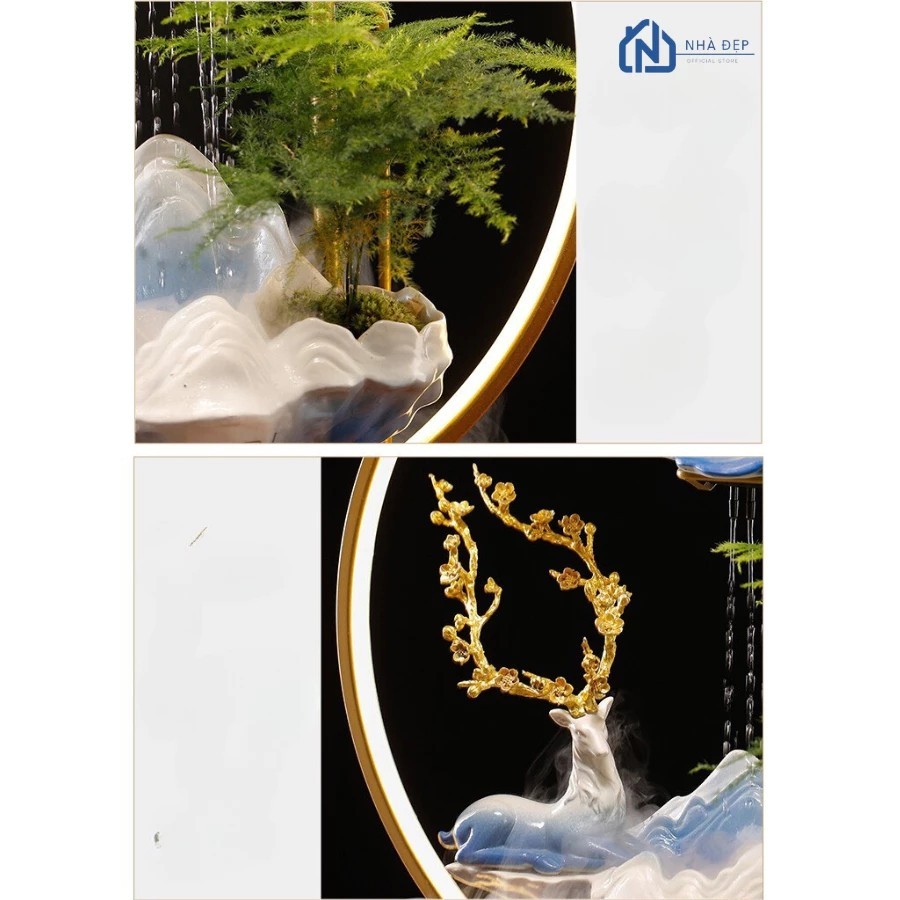 Thác nước phong thủy tượng hươu tài lộc may mắn decor tiểu cảnh nhà cửa trang trí phòng làm việc